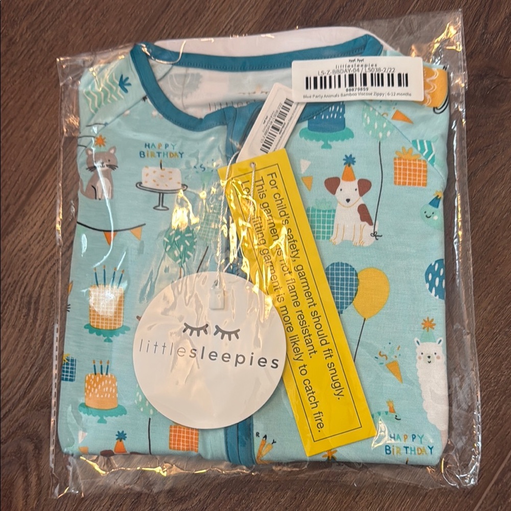NWT Little Sleepies Blue Party Animals Bamboo Zippies 6-12 months